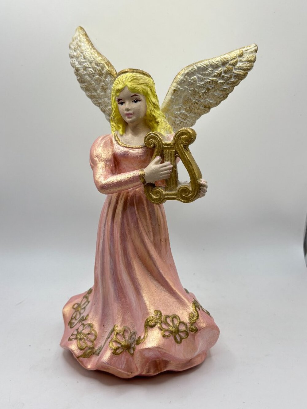Vintage 8" Ceramic Angel Holding Lyre Harp Blonde Hair Pink Dress Gold Flowers